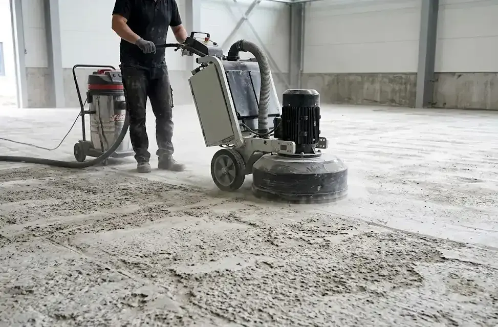 Yeni bir depoda beton zemin silimi; makineye hortumla bağlı endüstriyel toz emme