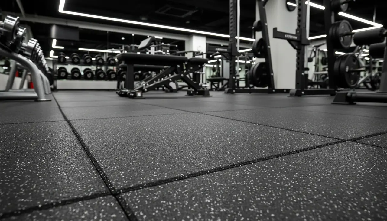 Kullanımdaki spor salonunda benekli siyah kauçuk karo zemin ve dambıl rafı
