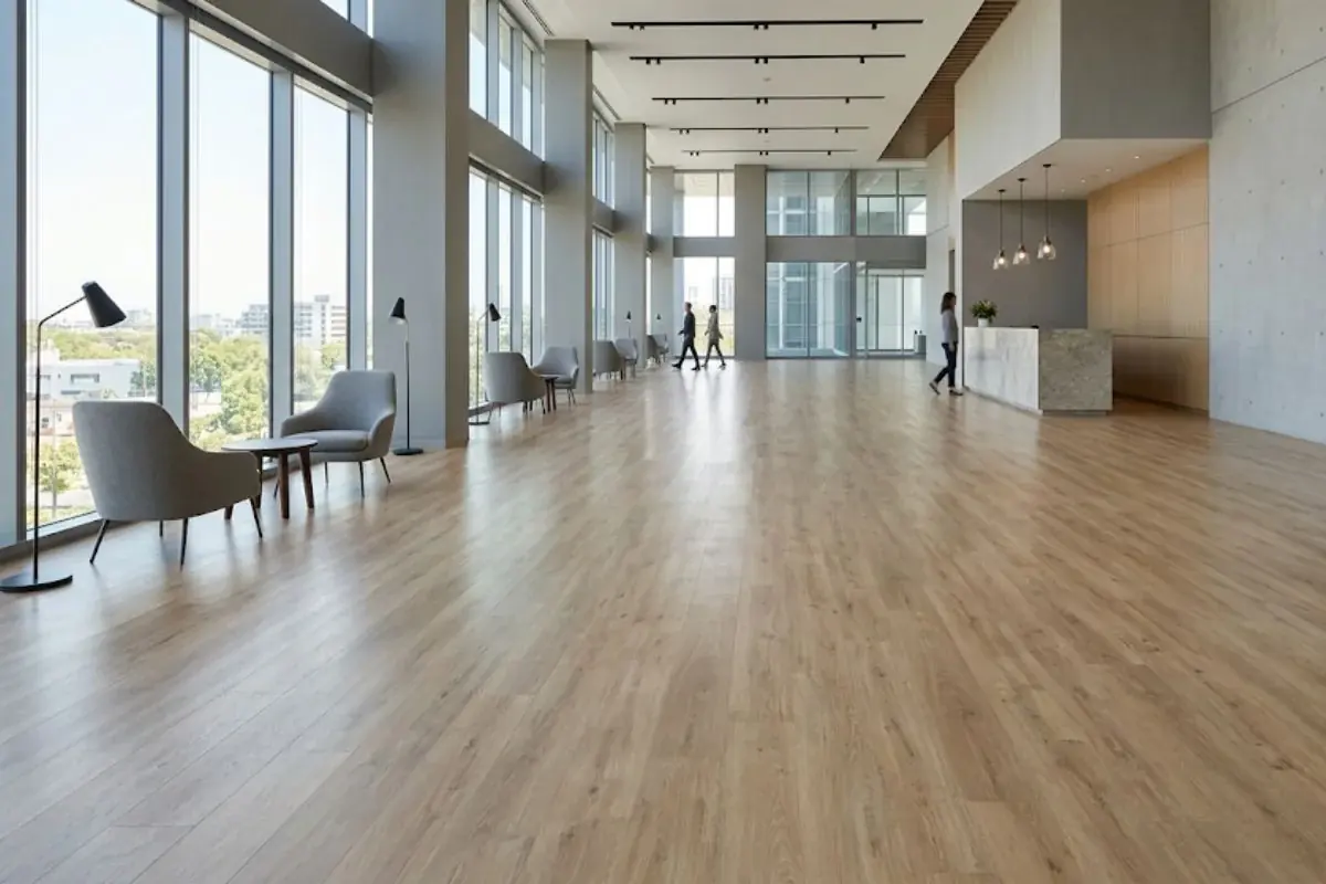 Lobide açık meşe görünümlü LVT plank döşeme